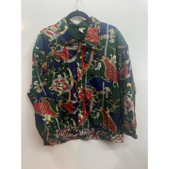 Vtg FUDA International Jacket L Silk Bomber Shoulder Pads Equestrian 90s - Picture 1 of 10